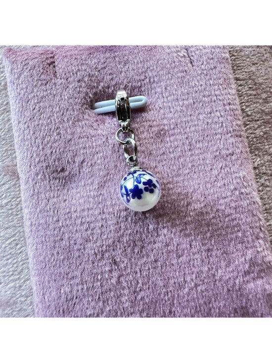 Handmade Jewelry - White Glass Pearl Charm With Blue Floral Print & Stainless Steel Lobster Clasp